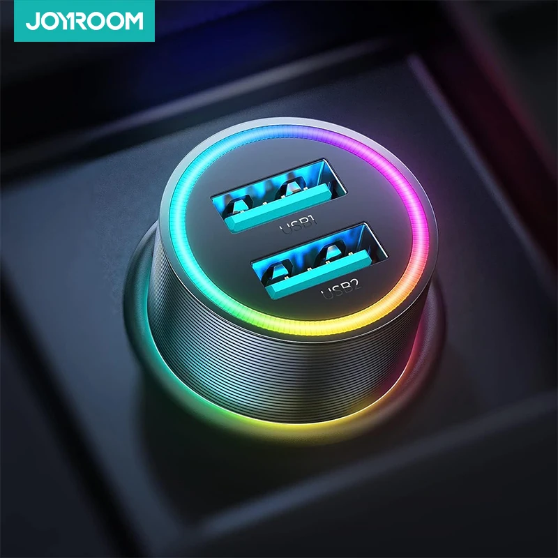 Joyroom 4.8A Car Phone Charger LED Light Compact Cigarette Lighter USB Charger Dual USB Car Charger Adapter For iPhone 14 13