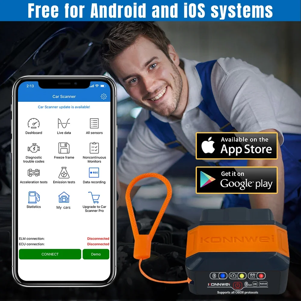 KONNWEI KW905 ELM327 Bluetooth 5.0 OBD2 Scanner, OBDII Car Engine Fault Code Reader Diagnostic Tool for Android & iOS