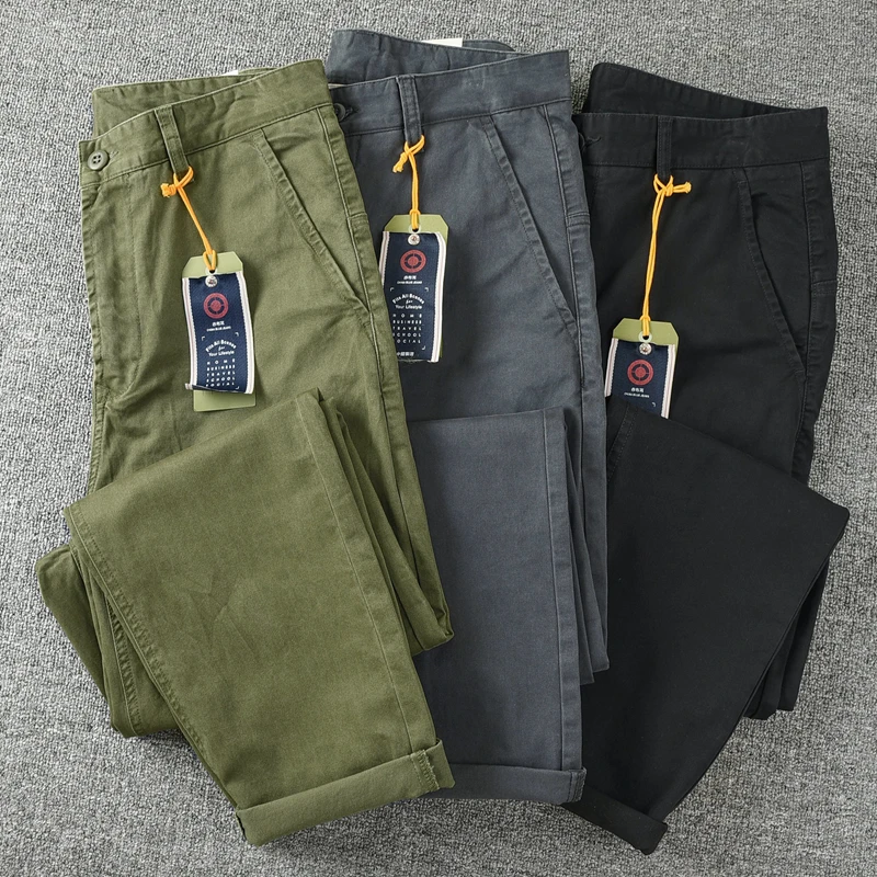 

2025 Spring and Autumn New American Retro Cargo Pants Men's Simple 97% Cotton Washed Loose Business Casual Straight Trousers