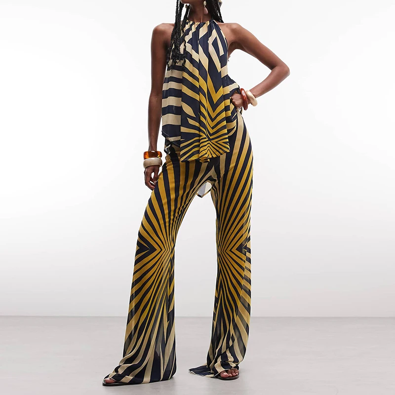 Sexy Backless Hollow Out Long Pant Suit Women Fashion Striped Print Holiday Set Elegant Halter Neck Sleeveless Top & Pant Outfit