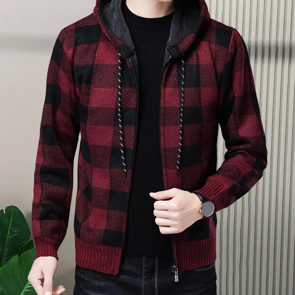 Slim Fit Plaid Jacket Stylish Men's Winter Cardigan With Plaid Print Hooded Drawstring Jacket Zipper Closure Thick For Weather