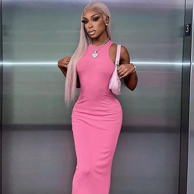 Dulzura Women Fashion 2024 Autumn Sleeveless Club Streetwear Bodycon Pink Pencil Long Dress Wholesale Items For Business