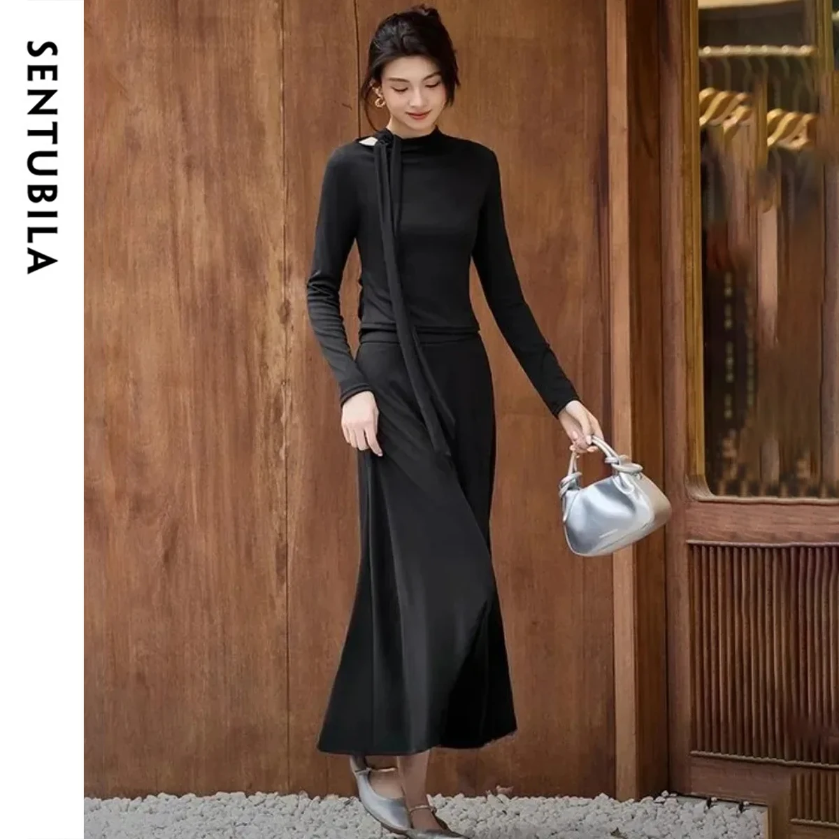 SENTUBILA Women's Knit Skirt Sets Ribbon Long Sleeve Top Elastic Waist A Line Maxi Skirt Woman Outfits Ladies Clothes 153ZF2442