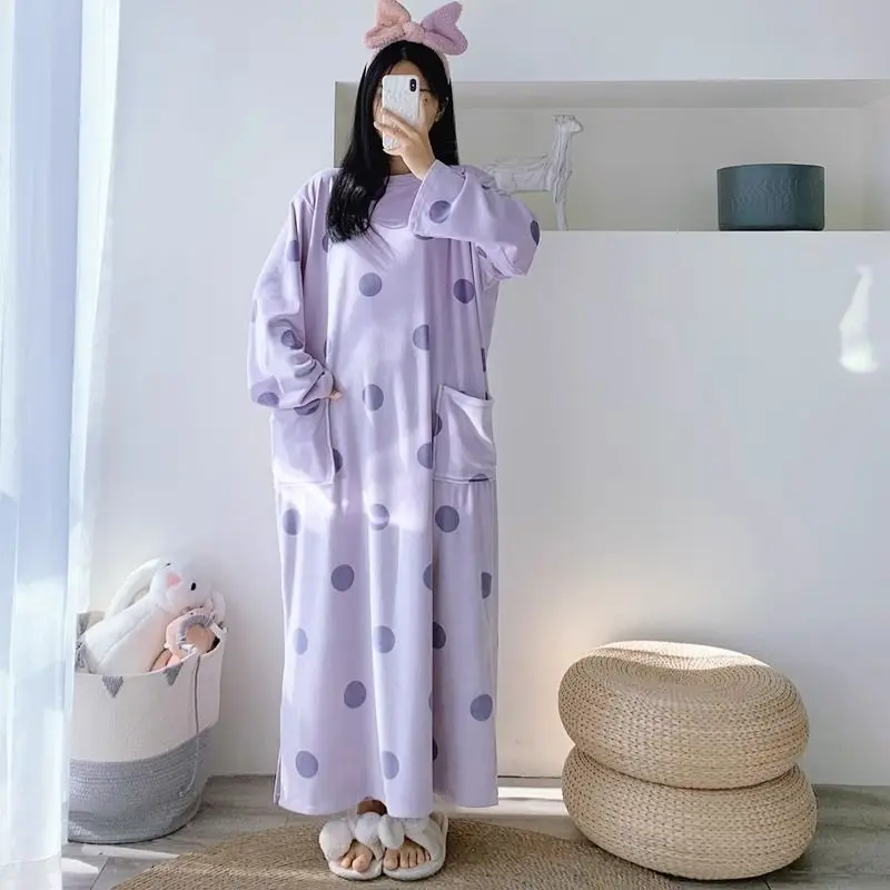 

Длинная ночная рубашка в горошек, осенне-зимняя, с принтом, в корейском стиле, милая, с длинными рукавами, пижама, домашняя одежда, комплект, женская ночная рубашка