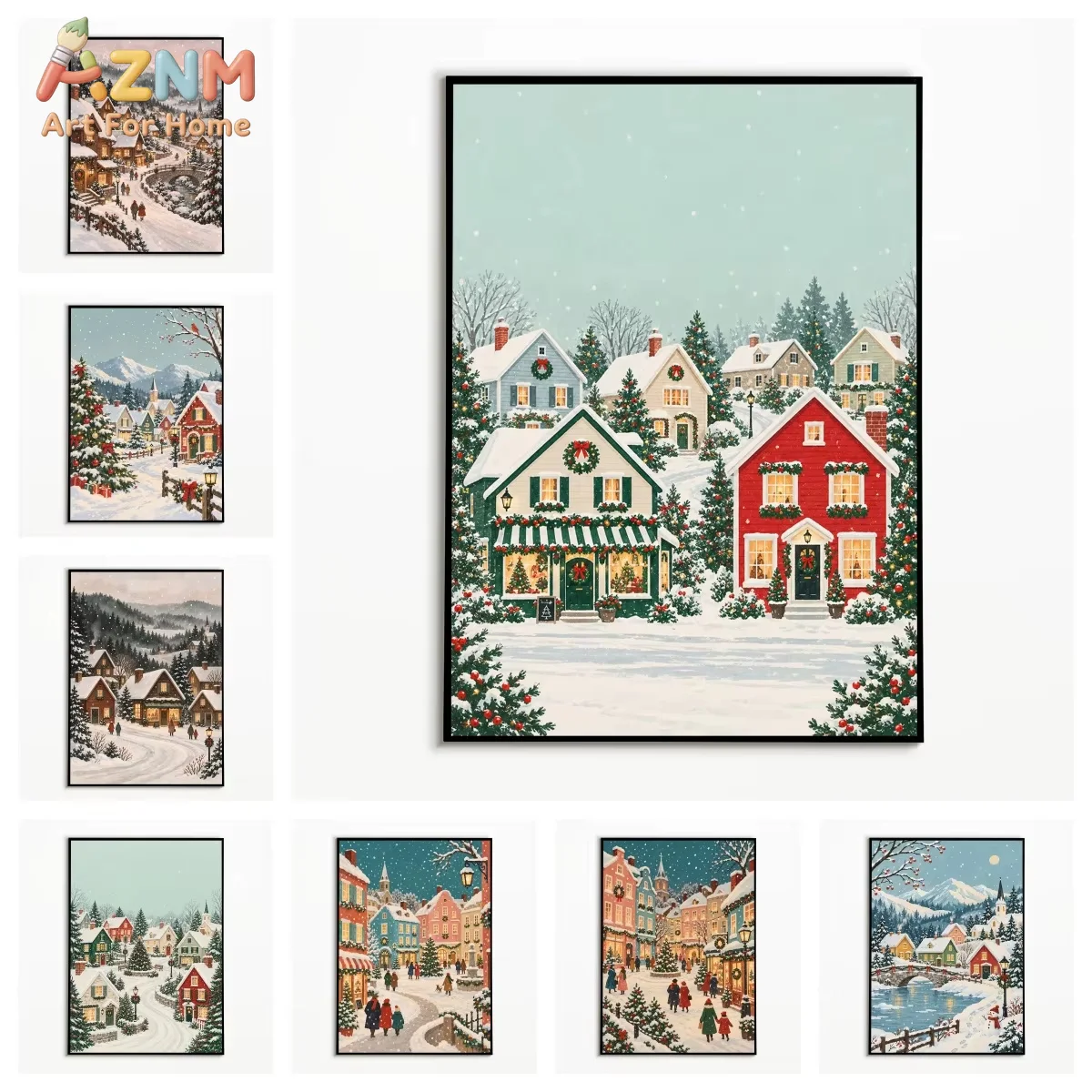 1PC Vintage Wall Art Snowy Village Houses Posters Winter Canvas Painting Room Wall Decor Gallery Wall Prints Christmas Gifts