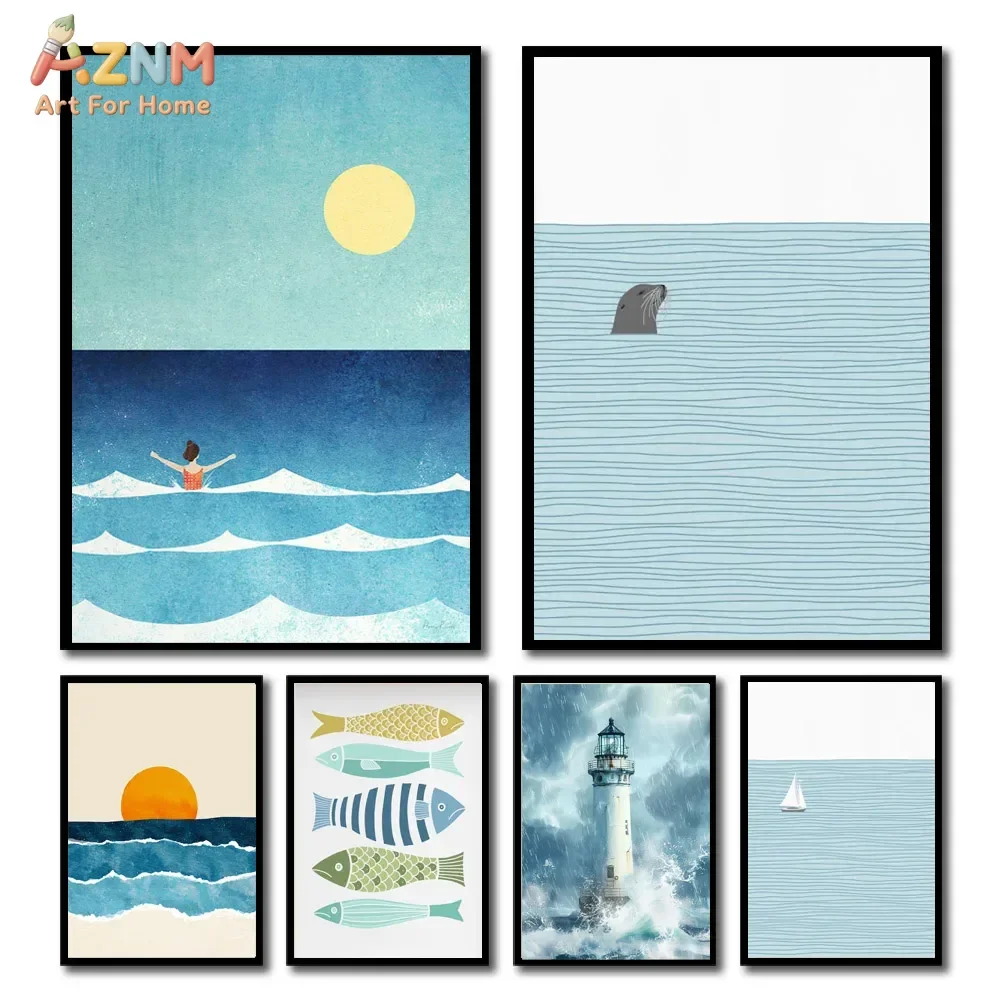 1pc Aesthetic Coastal Canvas Wall Art Seaside Beach Birds Fish House Decor Modern Ocean Waves Minimalist Print Vintage Poster