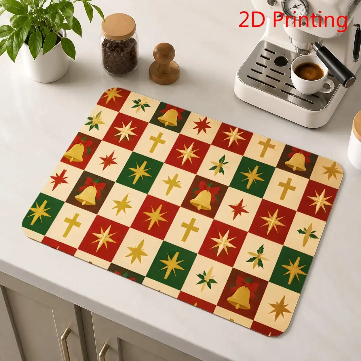 Christmas Dish Drying Mat Absorbent Kitchen Counter Mat Retro Geometric Plaid Christmas Bell Star Countertop Drainer Pad
