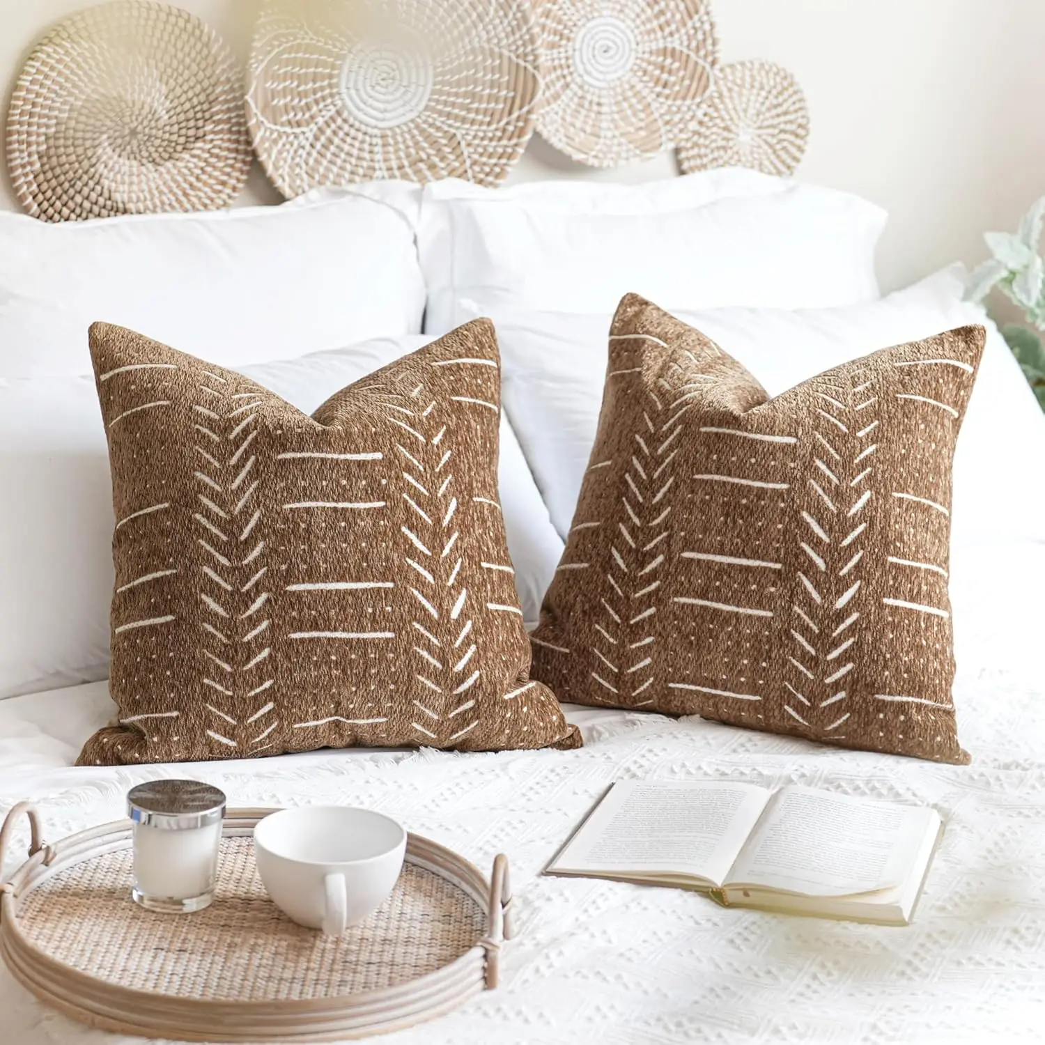 

Brown Decorative Throw Pillow Covers 20X20, Set Of 2, Boho Farmhouse Cushion Cover, Cozy Soft Accent Pillowcase For Couch Sofa