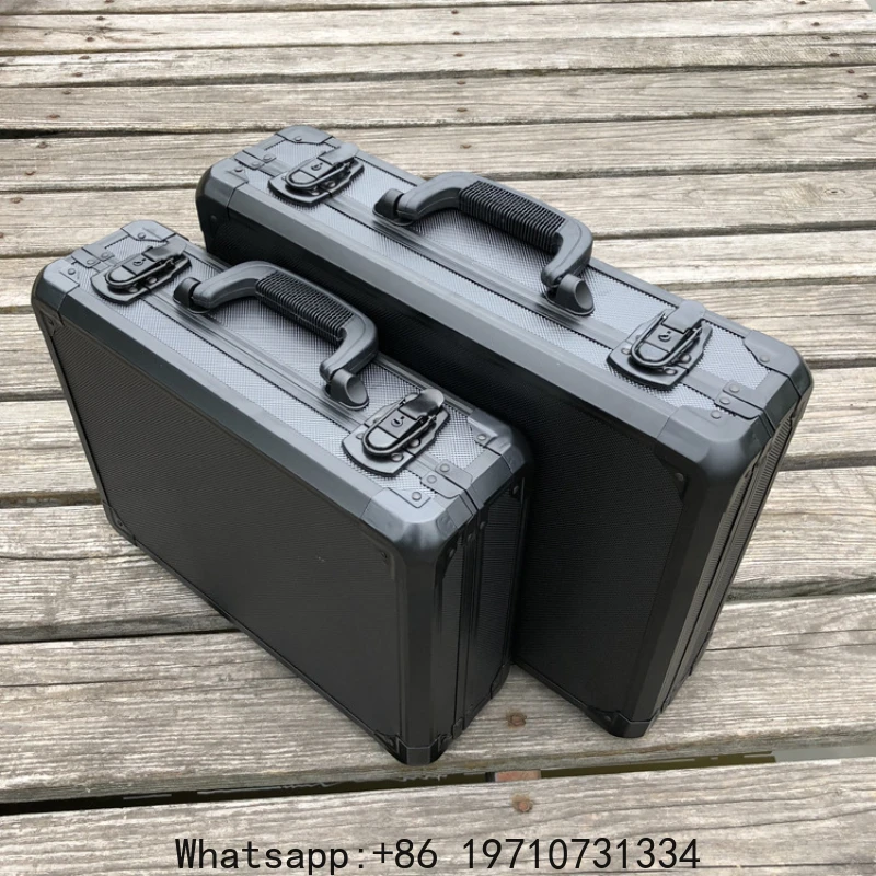 Black Aluminum Alloy Portable Tool Box Large Instrument and Equipment Sample Display Box with Shock-proof Sponge Tool Organizer
