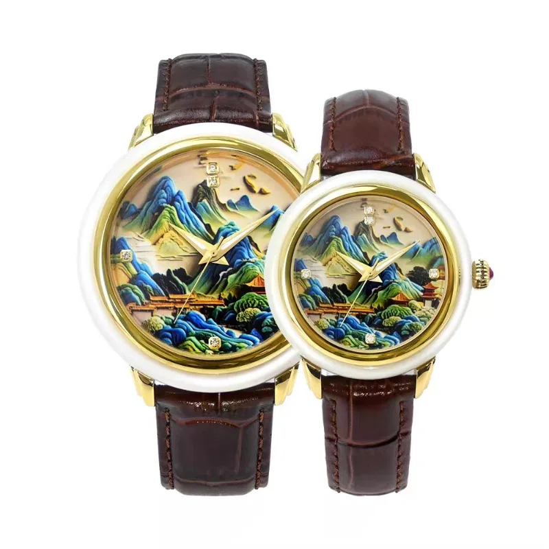 2026 New Mechanical Watch Chinese Wind Landscape Painting Luminous Couple Watch Jade Pair Belt view 2