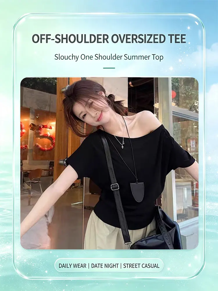 Plus Size Black Off Shoulder Short Sleeve T-Shirt for Women, Summer Pure Desire Asymmetric Neck Top, Loose Fit Slimming Unique B