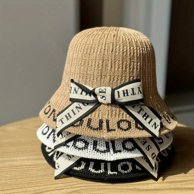 Korean Fresh Ribbon Straw Hat Unisex New Fashion Beach Fisherman Cap with Wide Brim UPF50+ UV Protection Beach Headgear