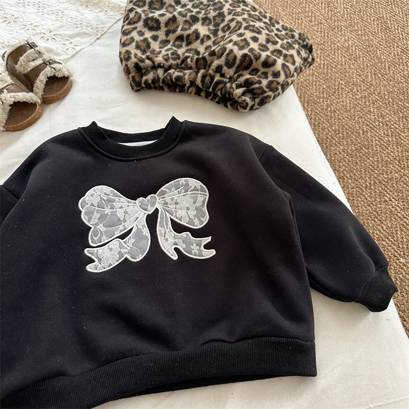 New Winter Kids Thicken Hoodie 1-6T Sweet Lace Bow Girls O-Neck Pullover Korean Version Fleece Padded Children Clothes Tops