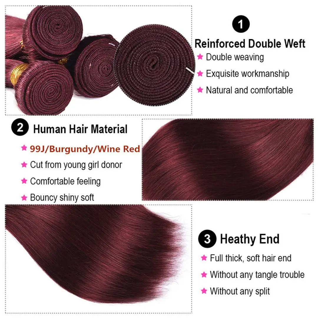 Extensions de Cheveux Humains Brésiliens Remy, Tissage de 16 à 28 Pouces, Longs, Soyeux, Lisses, Non Traités, Vierges, Rouge Vin # 99J, pour Femme