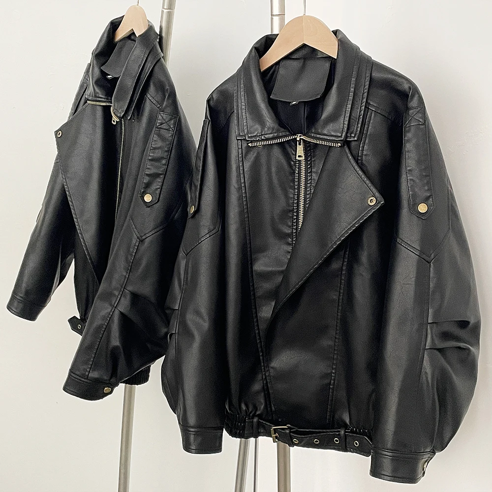 OFTBUY Großhandel Modische Schwarze Kunstleder-Lokomotivjacke für Damen, Neue Frühlings- und Herbstkleidung, Mantel – Detail 10
