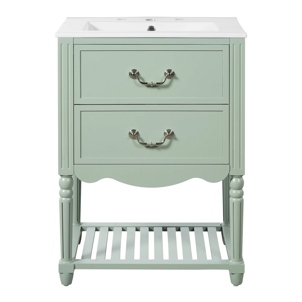 

24 inch bathroom vanity with ceramic sink, bathroom cabinet with two soft close drawers and an open shelf, vintage and elegant