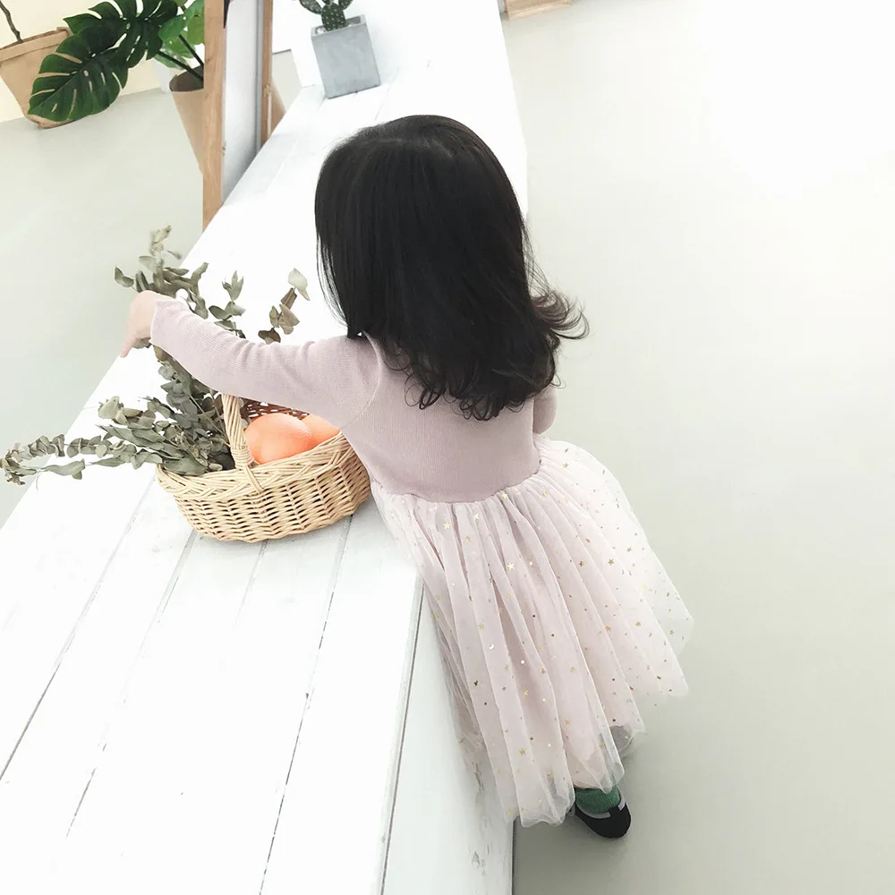 Humor Bear Baby Girl Clothes Set Stars Moon Decoration Mesh Baby Girl Dress Long-sleeved Bodysuit Costume Baby Clothing