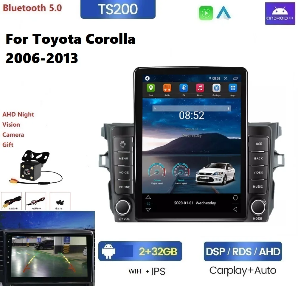 Android13 IPS 2.5D DSP car radio for Toyota Corolla 2006-2013 8 128GB ADAS DVR 360 camera key lights radio android