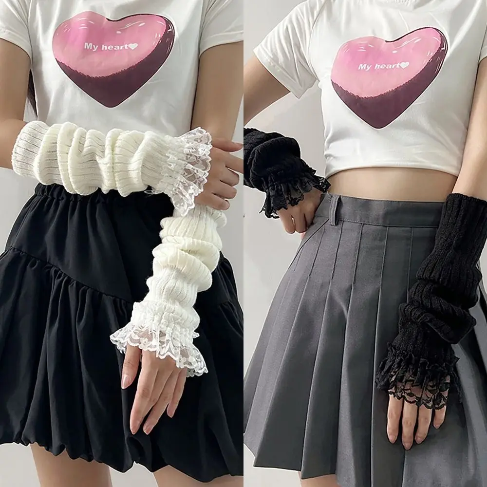 Armstulpen für Damen, lange Handgelenk-Handschuhe, japanischer Stil, lange gestrickte Ellenbogen-Fäustlinge, Spitze, gestrickte Handschuhe, Winter-warme Handschuhe und Fäustlinge