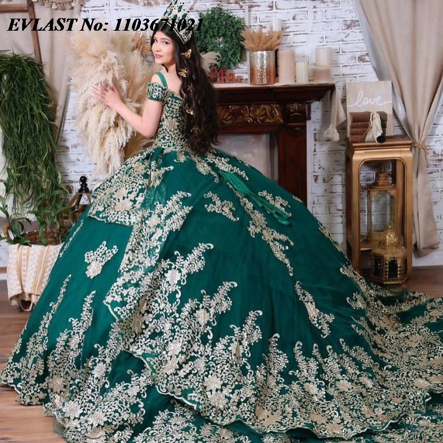 EVLAST Glitter verde Quinnceanera abito da ballo oro pizzo Applique perline corsetto a strati dolce 16 Vestidos De 15 Anos SQ500