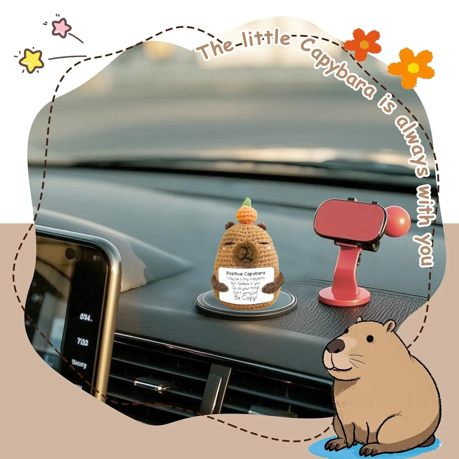 الإيجابية الكروشيه الحيوانات كابيبارا دمية مع بطاقة سطح المكتب زخرفة اليدوية محبوك يهتف كابيبارا دمية غرفة المنزل الديكور