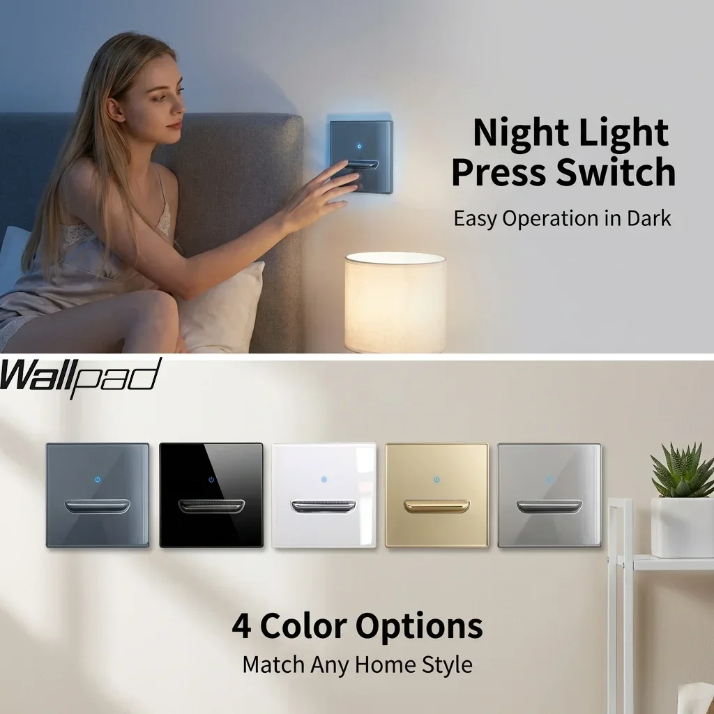 Wall Light Switch Chrome Toggle Press Button Tempered Glass Plate Blue LED Light 1 2 3 4 Gang White Black Gray Gold