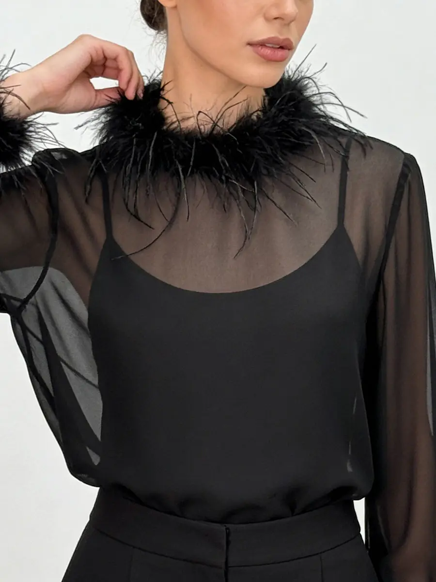 TWOTWINSTYLE Solid Sheer Spliced Feather Elegant T Shirt for Women Round Neck Long Sleeves Minimalist T Shirts Female Fashion