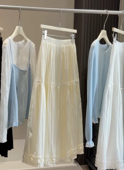 Bow Fungus Edge White Cake Skirt Women's 2026 Spring New A-character Loose Medium and Long Swing Skirt