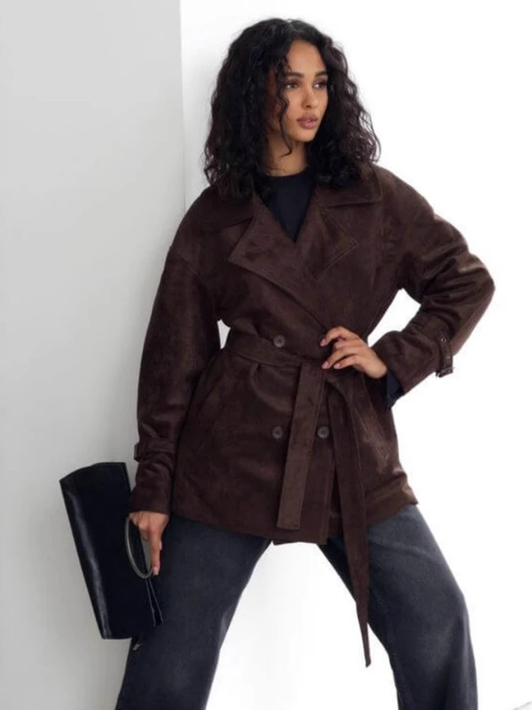 

2025 Autumn Winter Long Sleeve Belted Outerwears Female Lace-up Jackets Fashion Vintage Turn-down Collar Solid Suede Coats Women