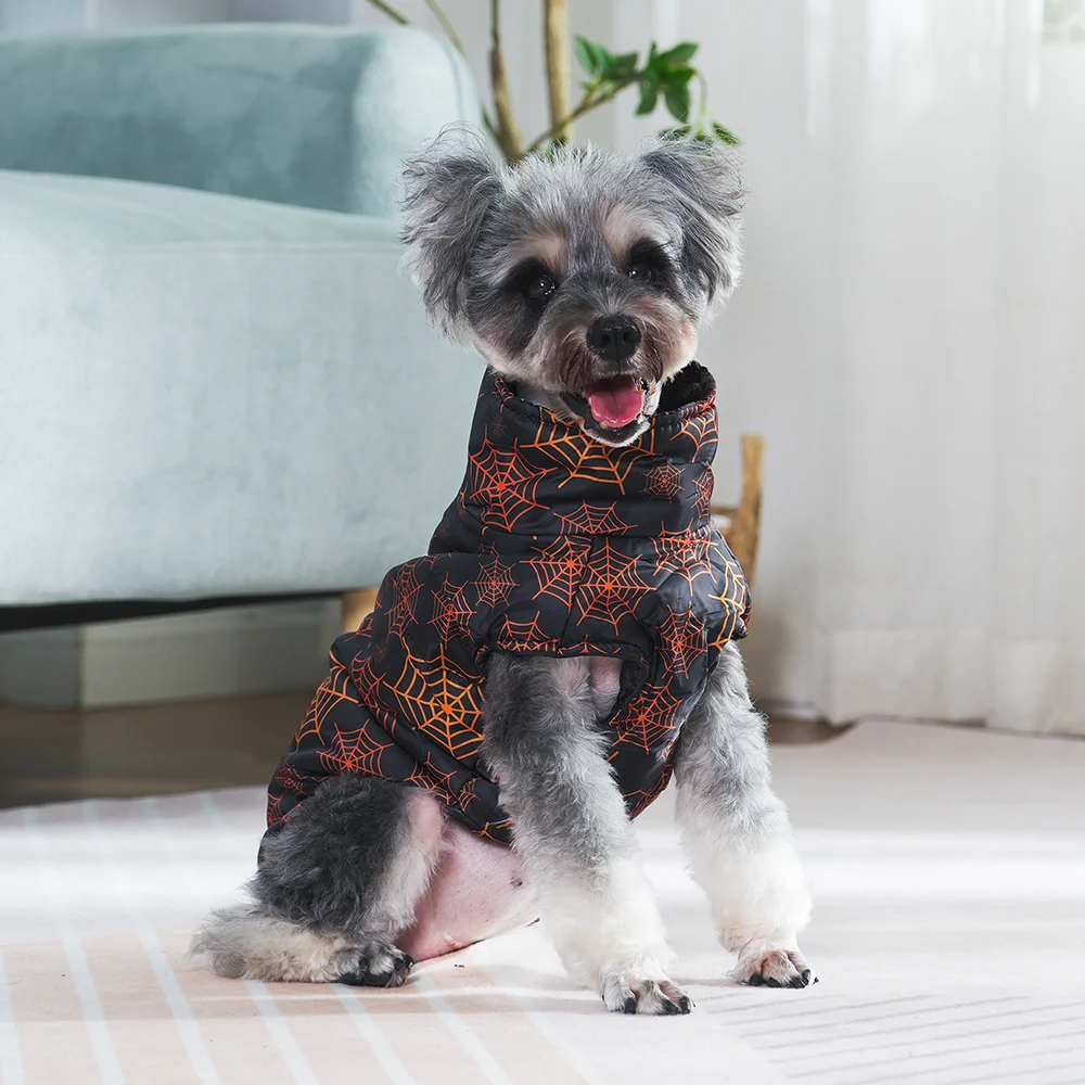 Halloween-Haustierjacke für kleine und mittelgroße Hunde und Katzen, Spinnennetz-Muster, Winter-Outdoor, wasserdicht, warm, Welpenkleidung, Yorkshire-Haustier-Outfits – Detail 6