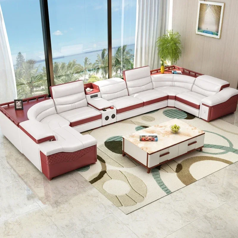 

Italian Cow Genuine Leather Couch Set Big Sofas Modernos Para Sala with Speaker, Bluetooth Audio, USB Charging,Storage