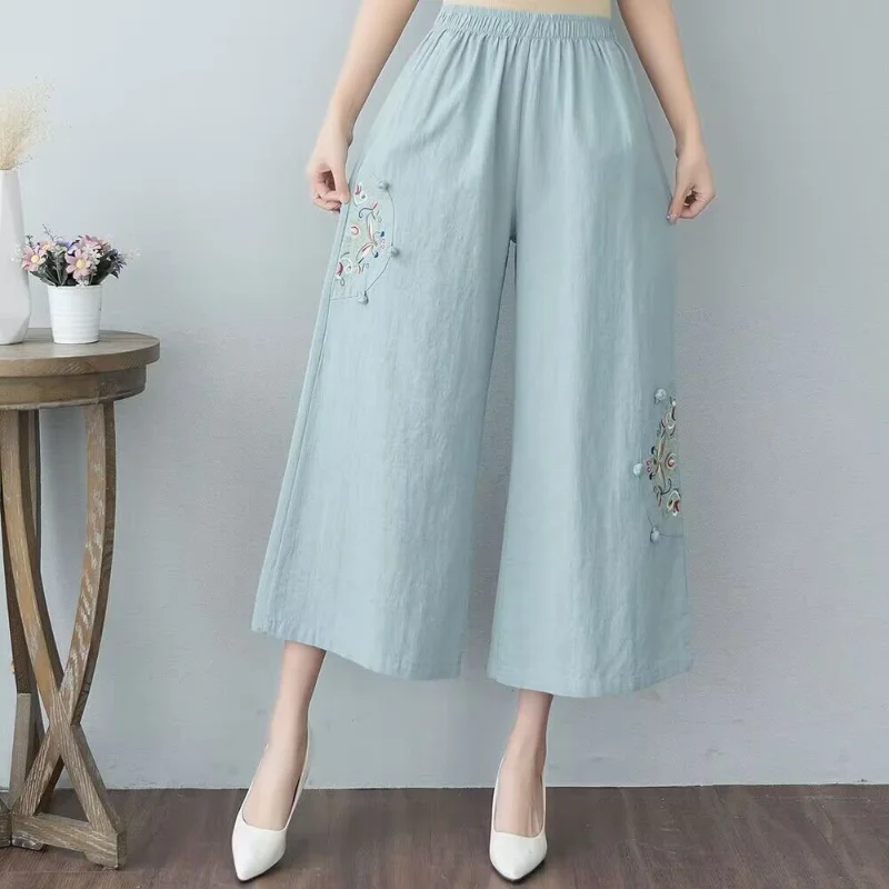 Women's Summer New High Waist Cotton Hemp Wide Leg Pants Fashion Ethnic Style Breathable Comfortable Loose Versatile Crop Pants