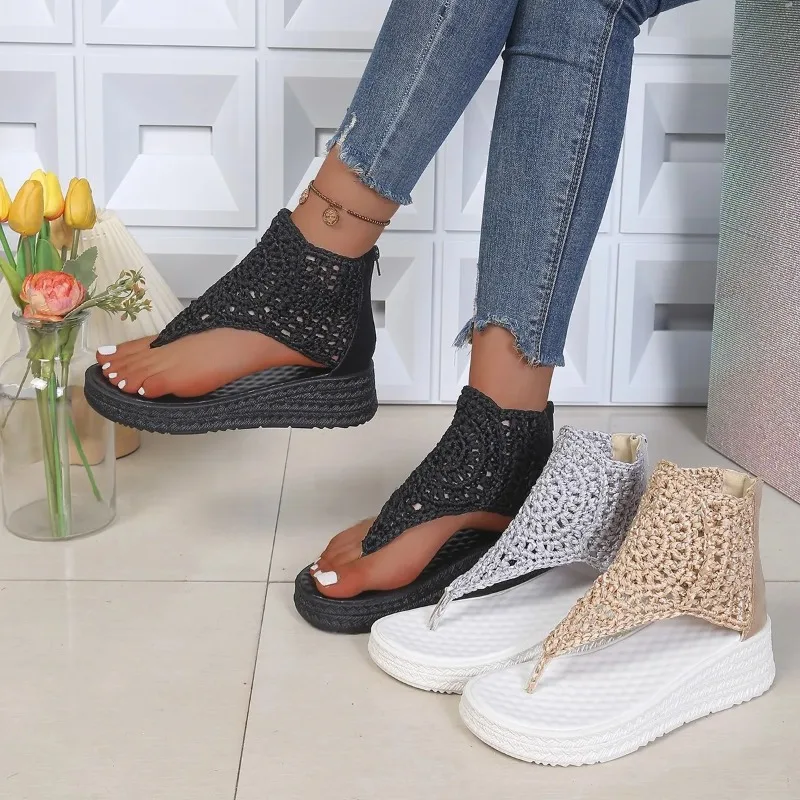 2026 New Knitted Flip Flops Women's Thick Sole Sandals Braided Elastic Mesh Flat Bottom Hollow Out Female Sandal