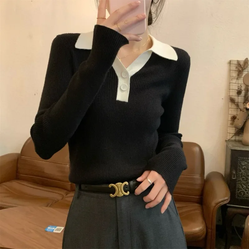 Polo-Ausschnitt Pullover Frauen koreanischen Stil Herbst und Winter Büro Dame Basic Tops schlanke und dünne Langarm Strick pullover weiblich