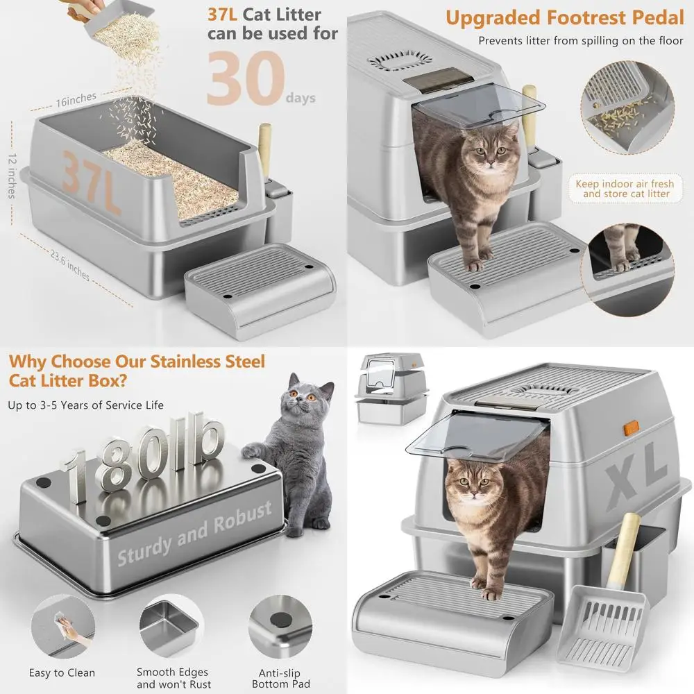 

Очень большой закрытый лоток для кошек из нержавеющей стали с крышкой, для крупных кошек, легко чистится, не прилипает к поверхности, защита от протекания (серый)