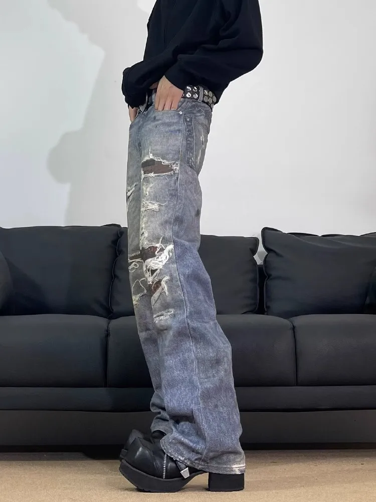 

Retro American High Street Men's Casual Jeans Straight Leg Print Wear-resistant Loose Fit Long Trousers Trendy INS