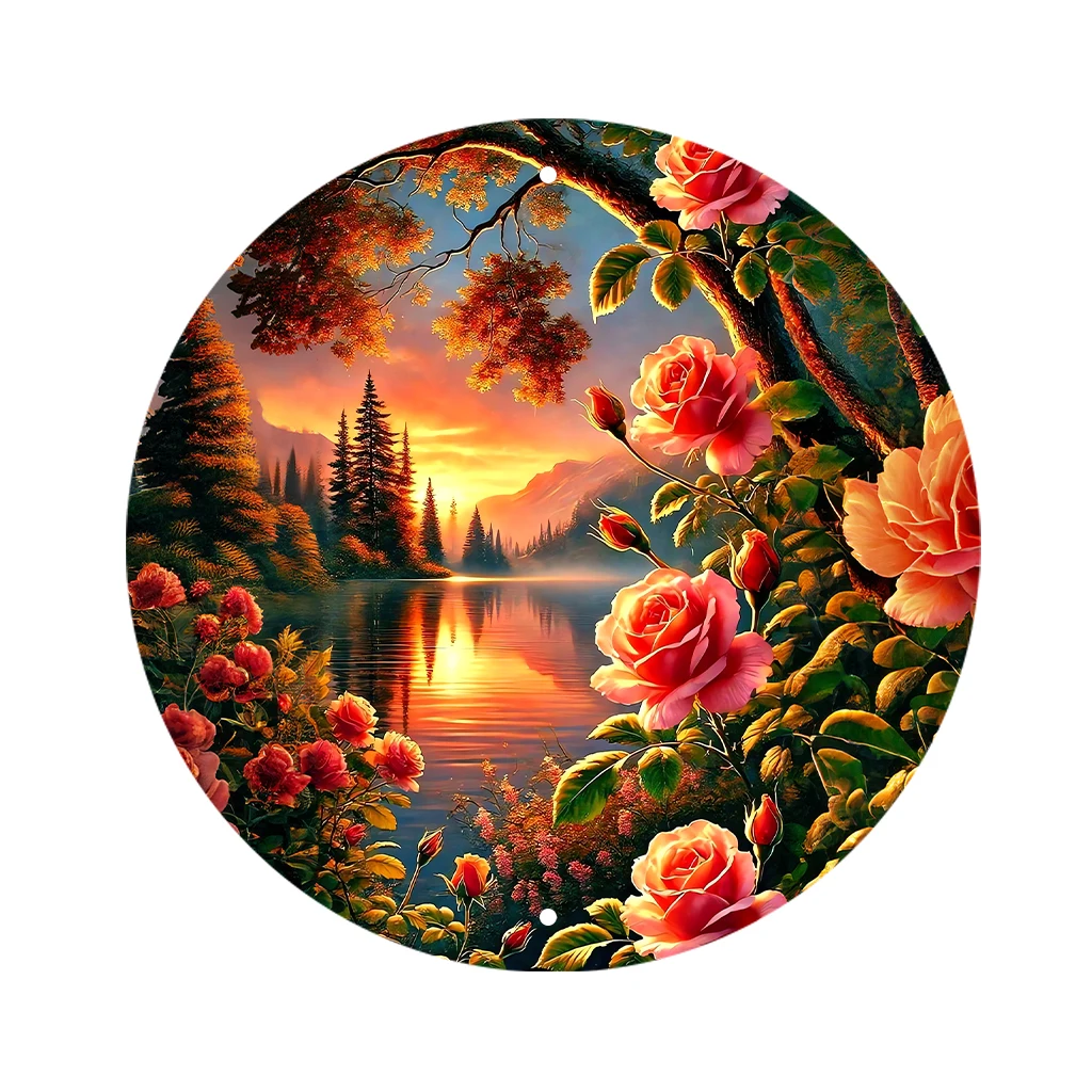 JIT 1-pc Orange sunset mountain red rose landscape print round metal tin sign wall decor, lightweight & smooth surface, this artistic metal tin sign fits bedroom, entryway and garden for multi-space wall decoration, ideal decorative gift for home lovers view 2