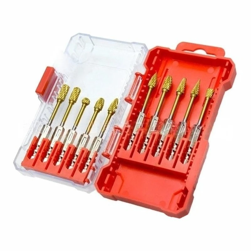 

10Pcs Hex shank Titanium coated Double flute Tungsten carbide Rotary burr set for Drill Polishing Grinding Carving