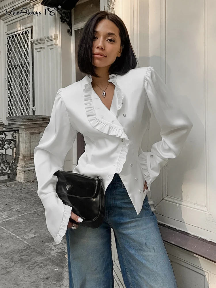 Mnealways18 White Satin Ruffled Shirts Women Spring 2025 Flare Sleeves Slim Irregular Blouses And Tops Pearl Button V-Neck Lady