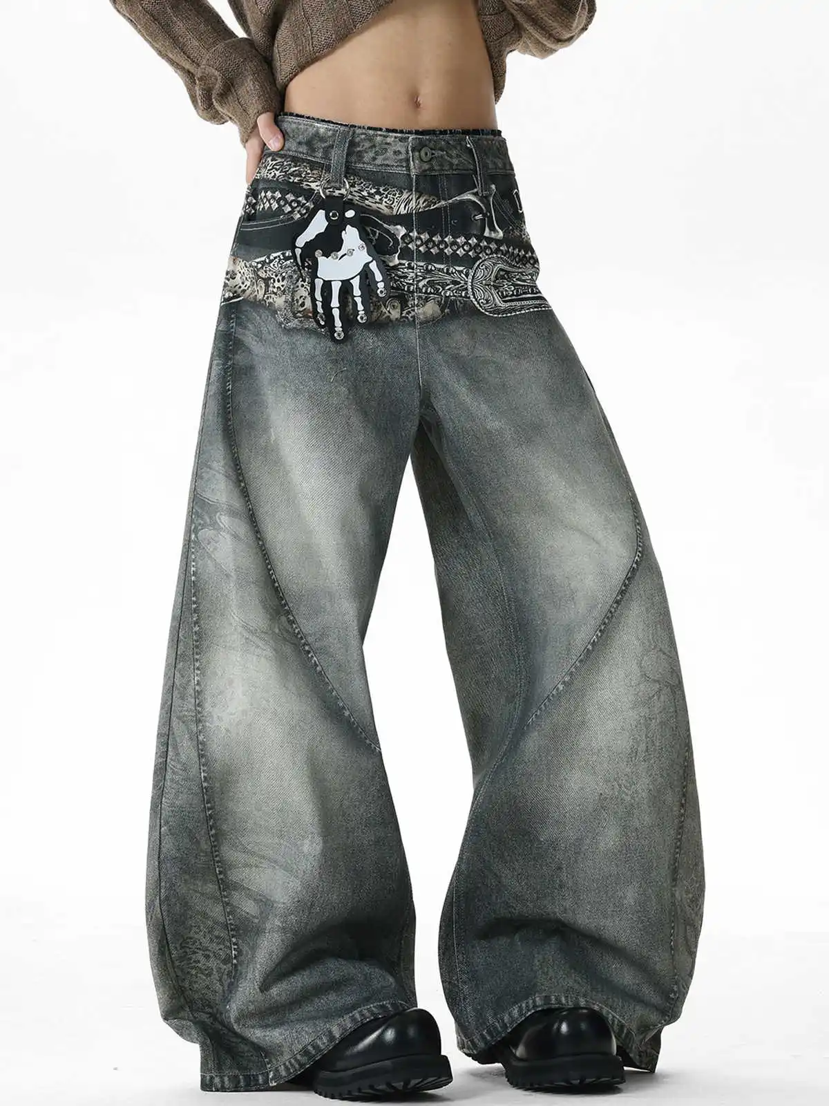 Men's Belt Printed Pattern Print Casual Pants Street Wide Leg Menswear Vintage Straight Male High Waist Trousers