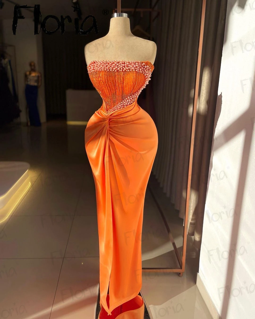 Abendkleider-vestido de fiesta naranja de talla grande para mujer, vestidos de cóctel con cuentas de perlas, vestidos de noche brillantes para boda, graduación, ropa de cumpleaños 202