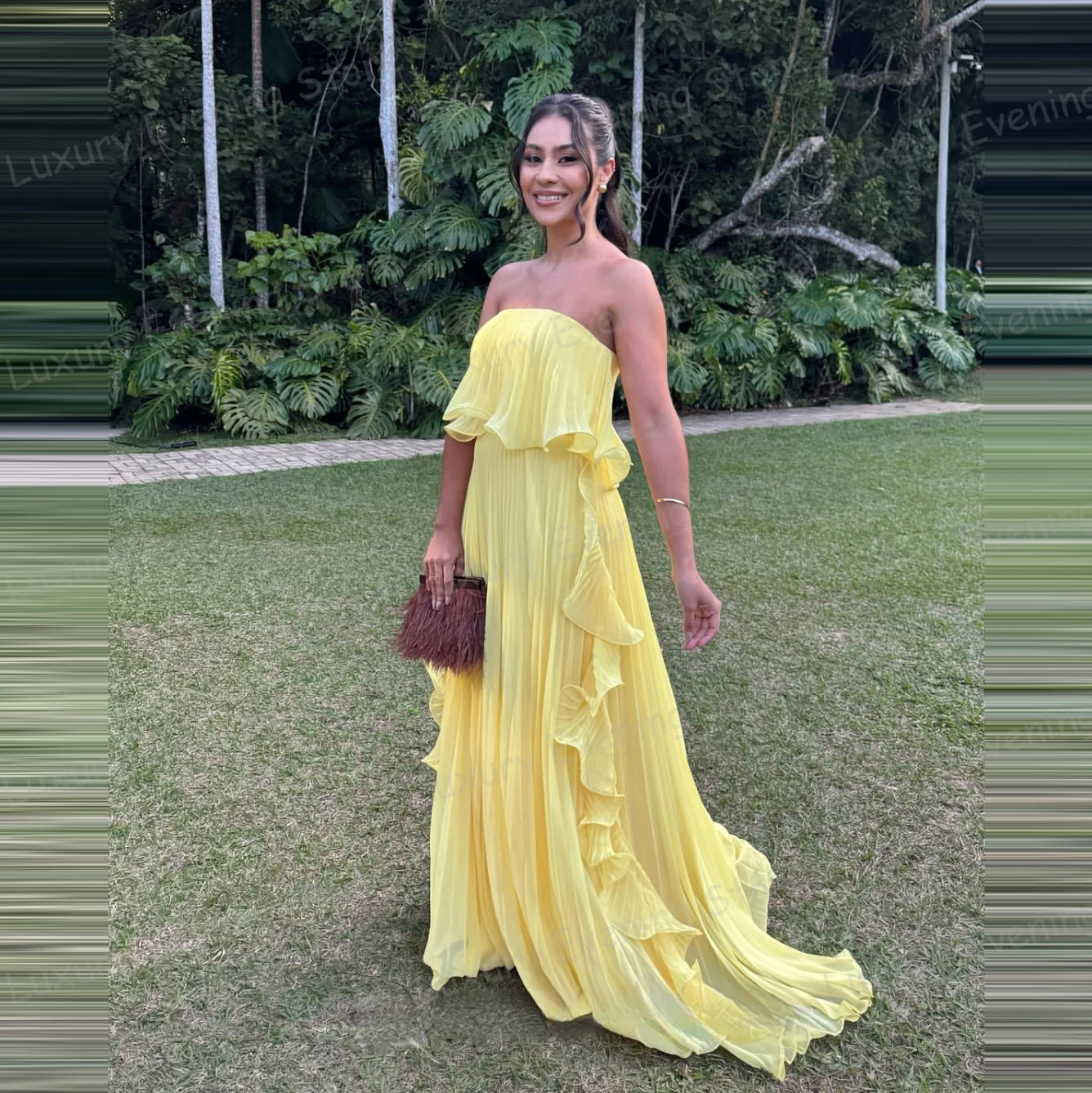 

Роскошные желтые вечерние платья, женские трапециевидные сексуальные вечерние платья для выпускного вечера с рюшами без бретелек, модные платья 2025, Vestidos De Novia по индивидуальному заказу