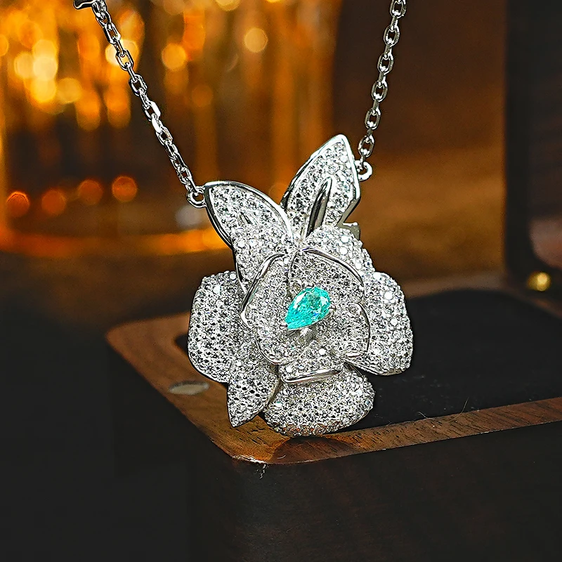 

Fashion Jewelry S925 Pure Silver Rose Necklace 925 Silver 3 * 5 Sea Blue Diamond Fashion Versatile Flower Collar Chain