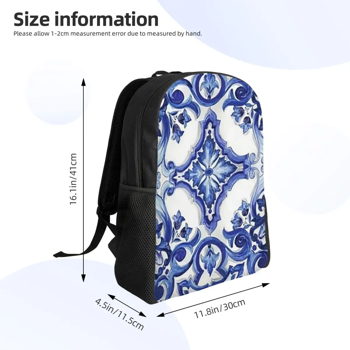Blue Ornate Floral Mediterranean Sicilian Tile Backpack Hot Sale Daypack Kids BookBag School Bag Shoulder Bags for Men Women