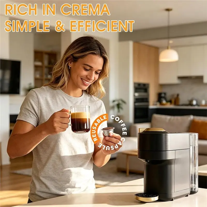 ABKR-Reusable Espresso Pods Refillable Coffee Capsule For Nespresso Vertuo /Next/Plus With Silicone Cap Spoon And Brush 230Ml