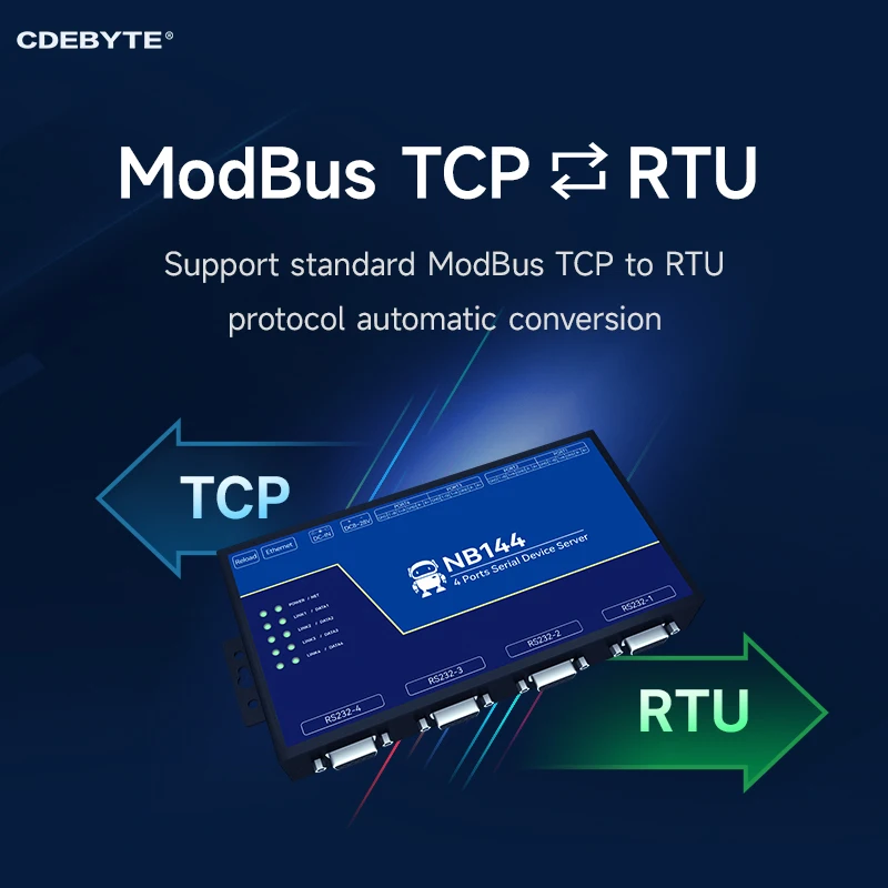 절연 4 채널 직렬 서버, RS232/422/485 RJ45 Modbus 게이트웨이, CDEBYTE NB144 TCP/UDP/MQTT AT 명령 내장 워치독