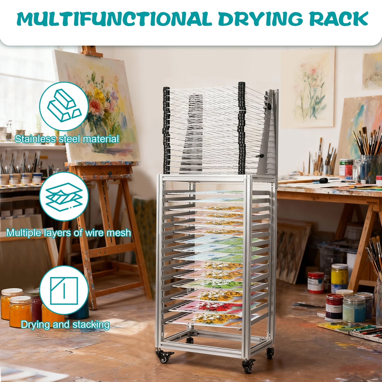30-Layer Mobile Easel Drying Rack with Wheels Dual-Purpose Drying Rack Multi-Function Storage Rack for School Classroom Studio