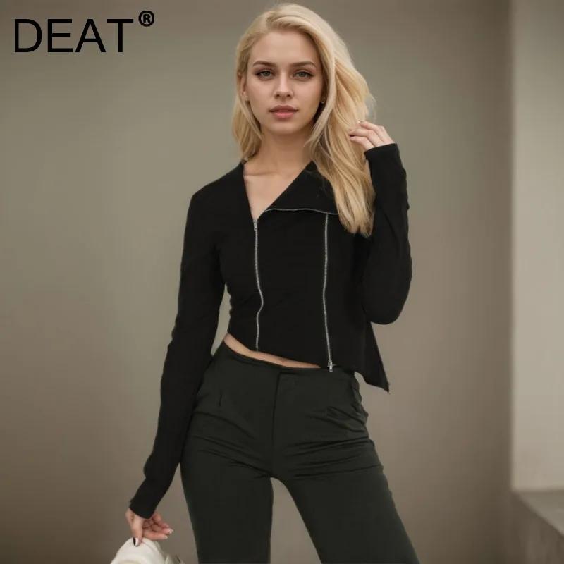 DEAT Fashion Irregular T-shirt Women's Skew Collar Long Sleeves Zipper Decorate Solid Color Elastic Cardigan New Tide 7AB414