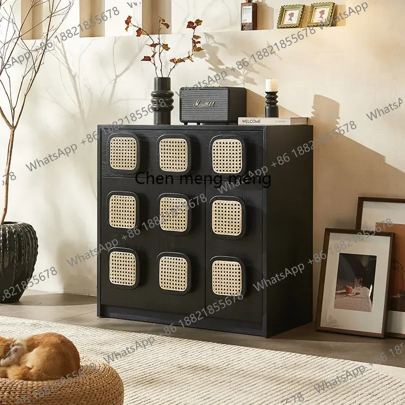 French retro solid wood rattan dining side cabinet small apartment living room, rattan chest storage storage, entrance cabinetAB