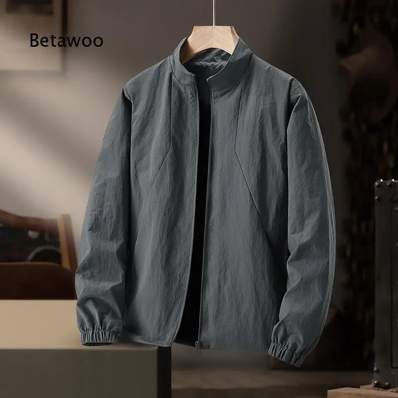 Men Stand Collar Windproof Jacket Thin Outerwear Water Resistant Fabric Versatile Trendy Casual Sport Coat For Middle Age Peopl